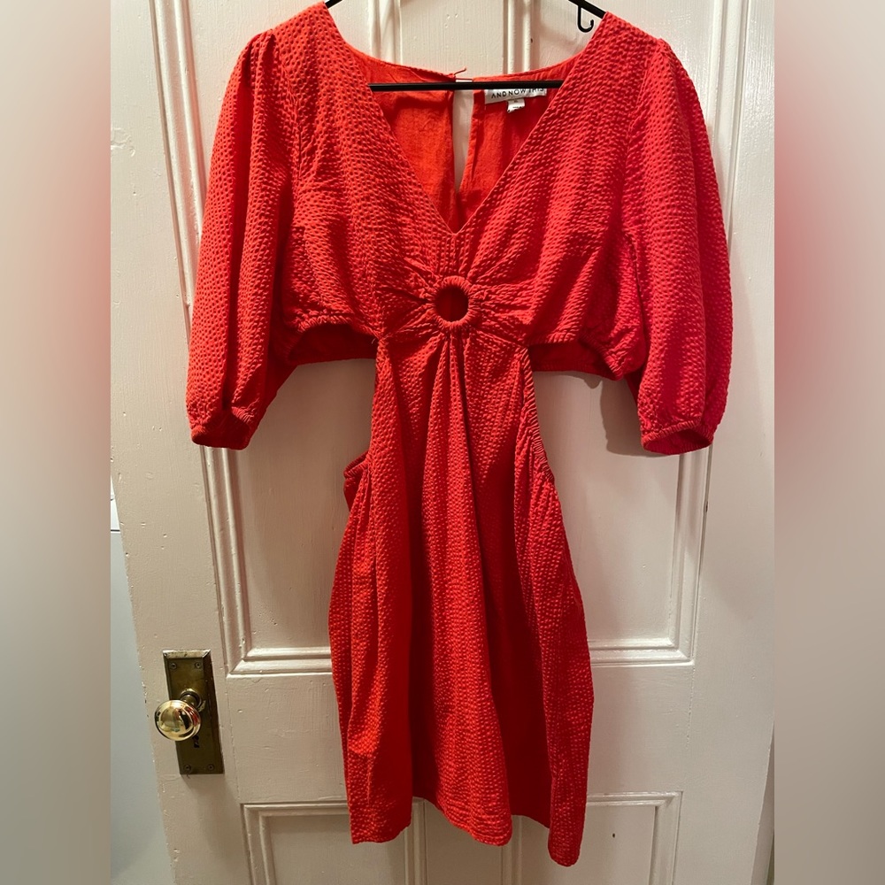 Red, textured dress with side peekaboos and low cut V.